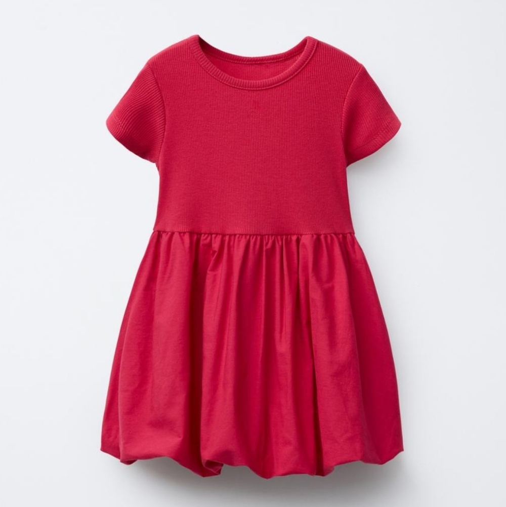NWT Zara Girls Combination Balloon Dress Red Cotton Short Sleeve Toddler 1.5 YRS